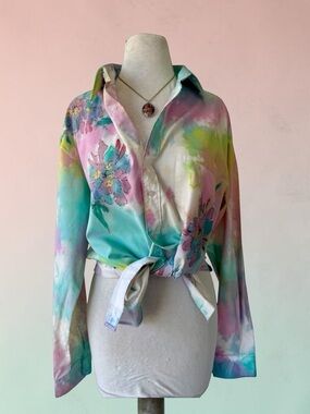 Vtg 80s J.Painter Hand Painted Floral Button Shirt XL Tie Dye Art to Wear Unisex